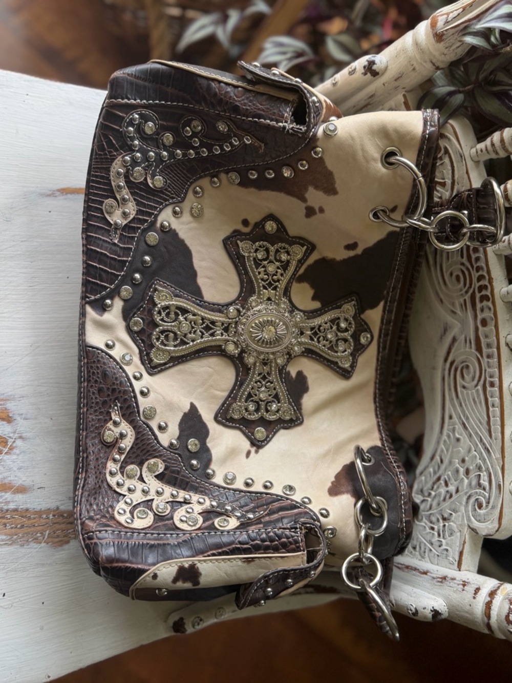 Studded Cross Cowhide Shoulder Bag - Brown & Cream